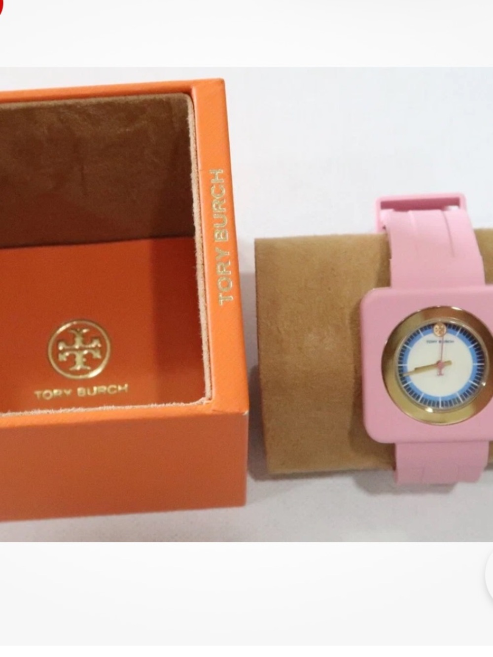 Tory Burch Izzie Watch Pink Silicone Square Watch with Gold Bezel 36 mm - Picture 5 of 15